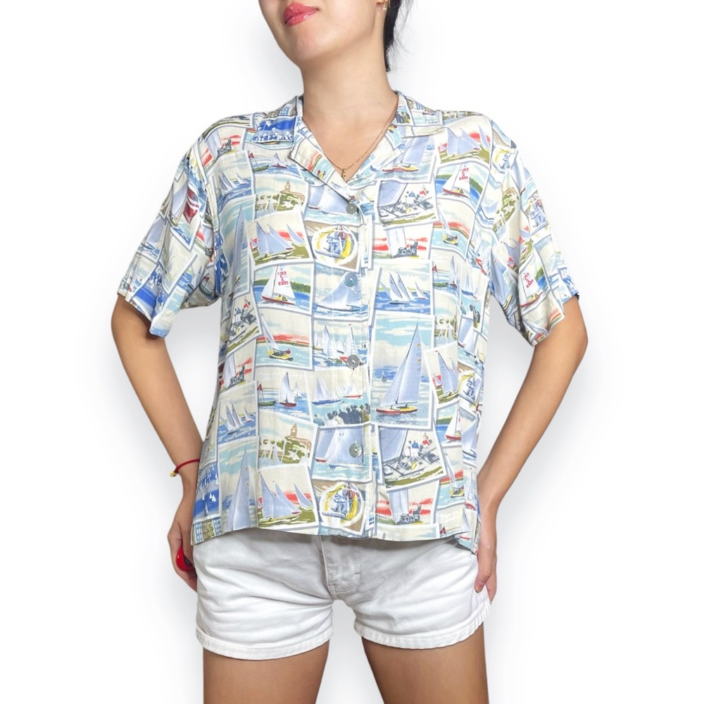Line Two Retro Postcard Sailboat Nautical Novelty Print Shirt Size M